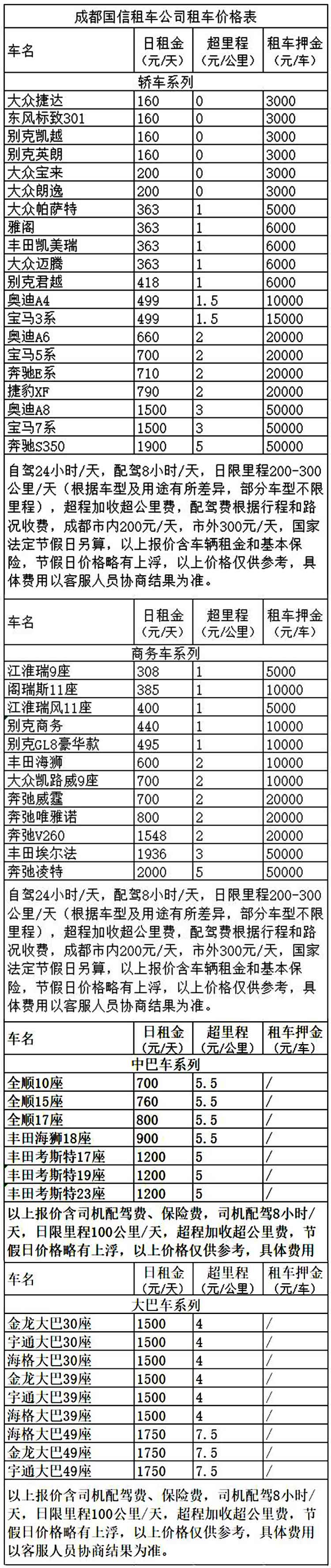 成都商務(wù)旅游租車價格表