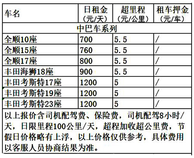 成都租中巴車價格表