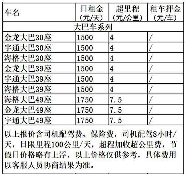 成都市大巴車租車價格表